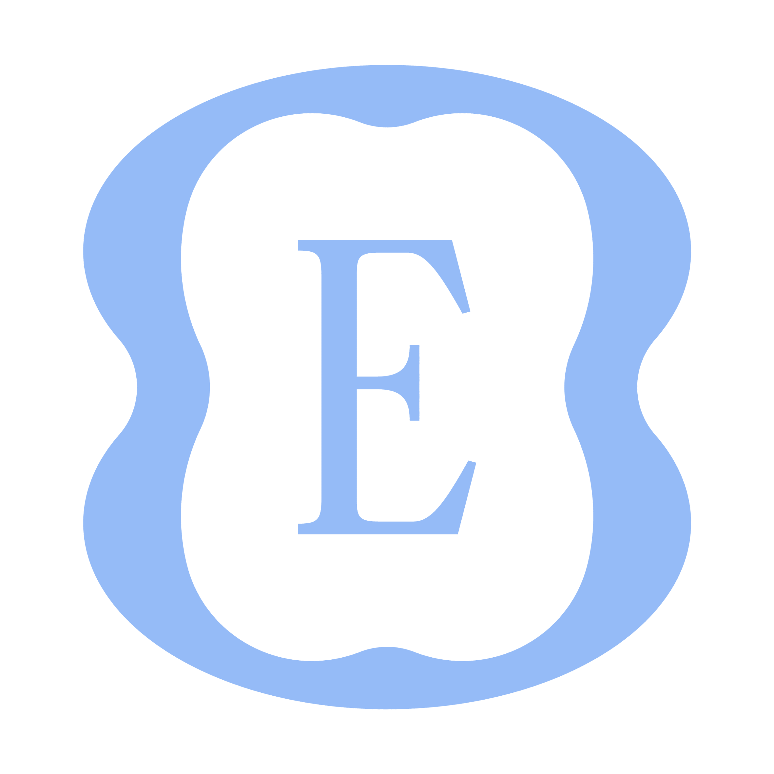 A blue capital letter "E" is centered inside a stylized, light blue, symmetrical oval shape on a white background, reflecting the modern elegance of Evertrue Salon.