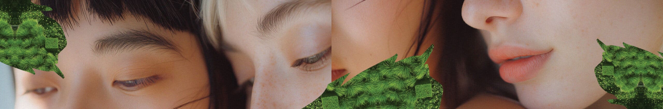 Close-up of three people’s faces with eyes closed, arranged side by side; sections of green textured patterns symbolizing aftercare partially overlay the image.
