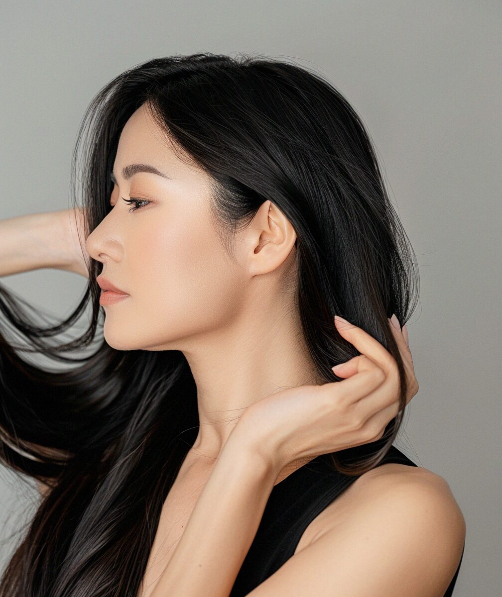 A woman with long black hair, wearing a sleeveless black top, looks to the left while touching her hair with one hand and lifting it with the other, embodying the elegance of Luxury Beauty Treatments at Evertrue Salon against a neutral background.