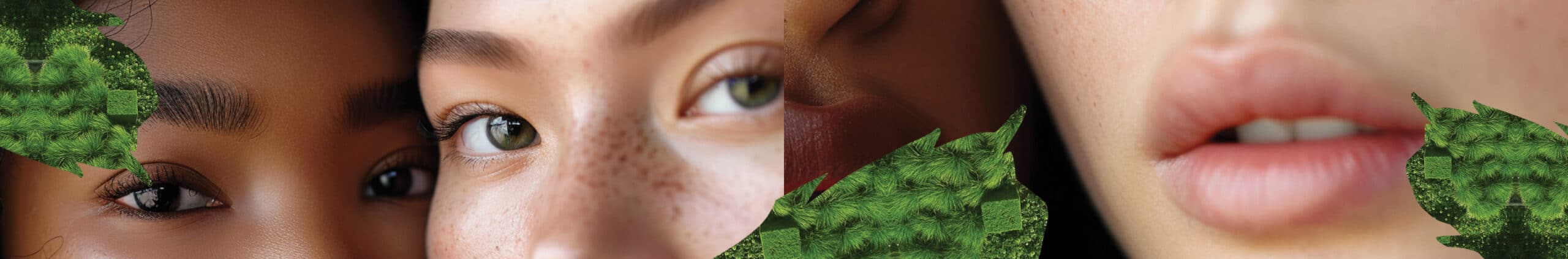 Three close-up faces with diverse skin tones are partially obscured by overlapping green leaves, focusing on eyes, freckles, and lips—capturing natural beauty and the importance of aftercare for radiant, healthy skin.