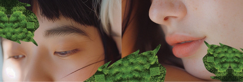 Close-up of two faces with minimal makeup, partially covered by green leafy patterns in the foreground, capturing the natural elegance of Luxury Beauty Treatments at Evertrue Salon.