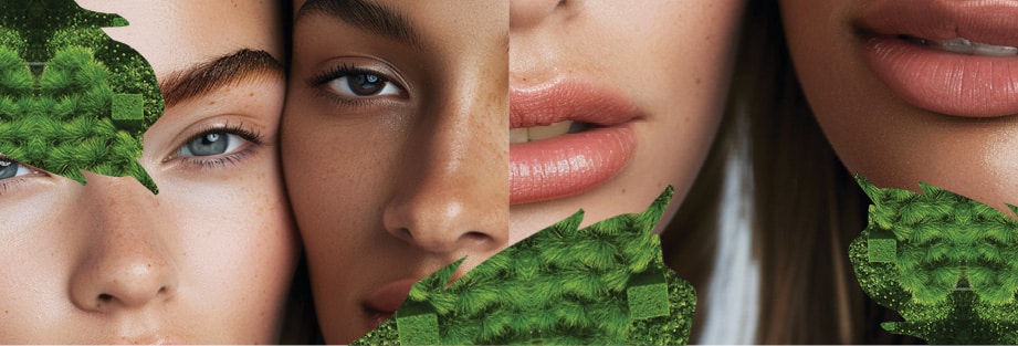 Close-up of three faces with diverse skin tones, partially covered by green textured leaves, focusing on eyes and lips, reflecting the inclusive values of Evertrue Salon Policies and Customer Guidelines.