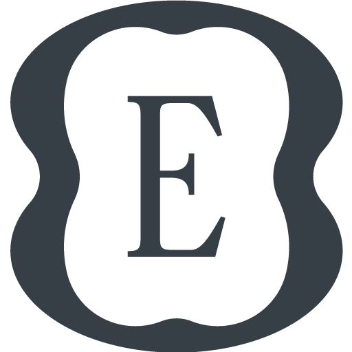 A stylized black letter "E" centered inside a dark, irregular oval border on a light gray background.