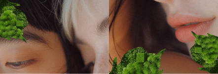 Close-up collage of two faces, one showing eyes and eyebrow, the other lips, with a green moss-like texture overlay in the corners—echoing the refined style of Luxury Beauty Treatments at Evertrue Salon.