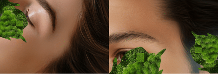 Close-up of two faces, each partially obscured by green foliage, one on the left and the other on the right—capturing the natural elegance inspired by Luxury Beauty Treatments at Evertrue Salon.