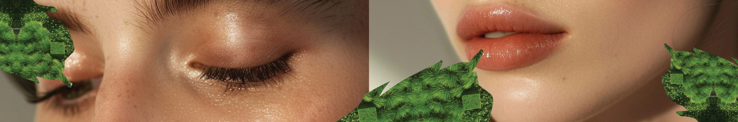 Close-up of a person’s closed eye with long eyelashes on the left and lips on the right, both partially framed by green textured leaves. Meet the Expert Beauty Team at Evertrue Salon for stunning natural looks.