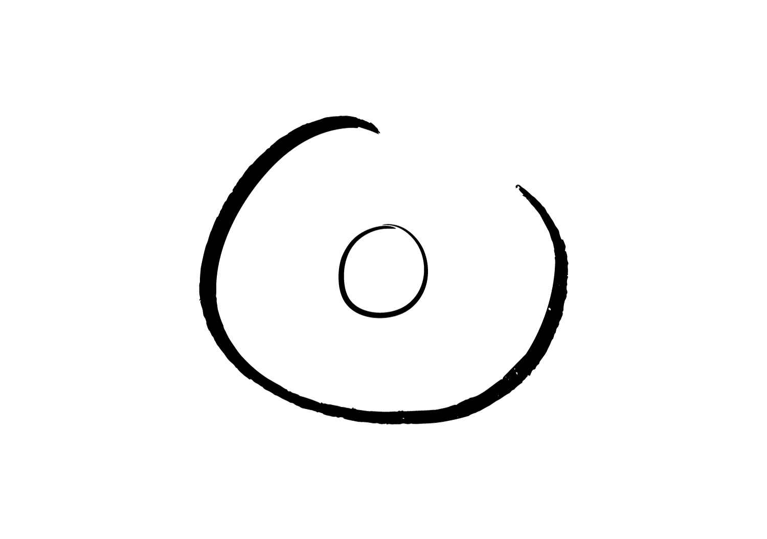 A black, hand-drawn spiral encircles a small black circle on a plain white background, reflecting the minimalist elegance of Evertrue Salon.