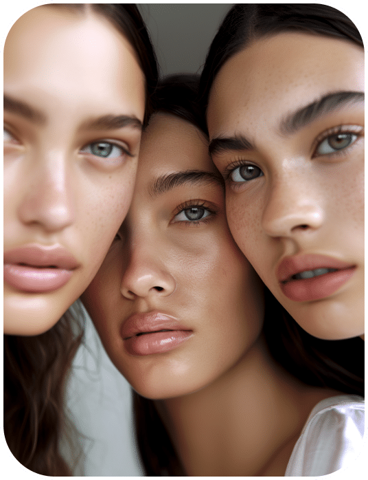 Three women with clear skin and blue eyes, showcasing flawless microblading and nanobrows, pose closely together and look directly at the camera with neutral expressions.