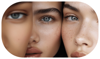 Close-up of three people with different skin tones and blue eyes, shown side by side, highlighting their faces and the flawless results of microblading and nanobrows.