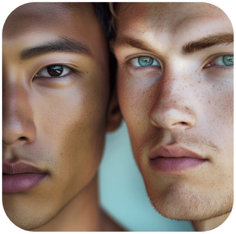 Close-up of two young men standing side by side, facing forward; one features expertly shaped brows from microblading, while the other showcases natural freckles and defined nanobrows.