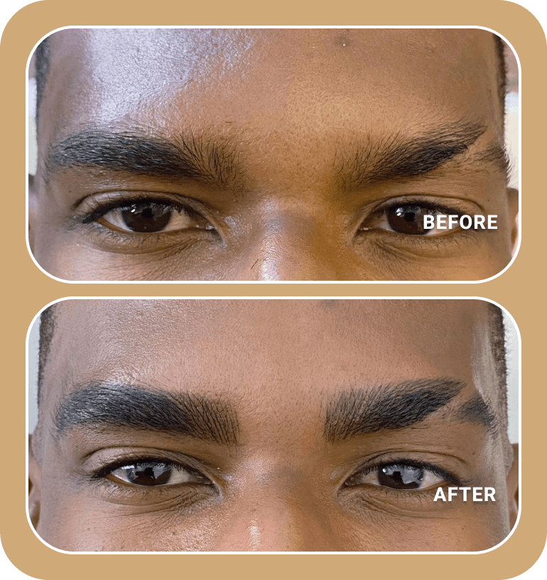 Close-up comparison of a man's eyebrows before and after grooming; the "after" image shows fuller and more defined eyebrows.