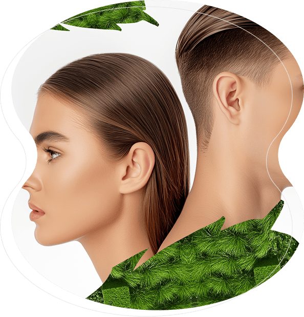 A woman and a man are shown back to back with smooth hair, partially overlaid by green pine tree branches, highlighting the natural elegance of Microblading and Nanobrows on a crisp white background.