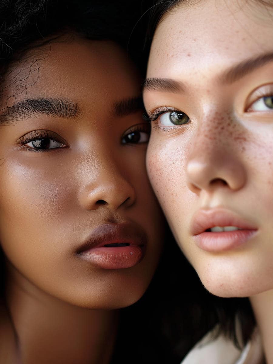 Two women with clear skin and natural makeup, featuring flawless Nanobrows, are posed closely together, looking directly at the camera with neutral expressions.
