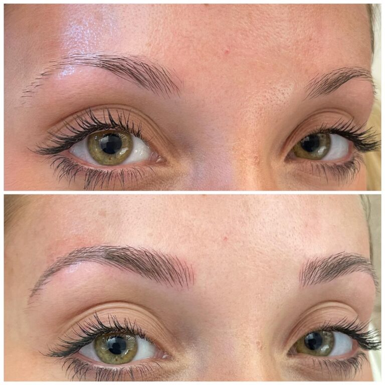 Close-up of a person's eyes showing eyebrows before (top) and after (bottom) receiving a shaping or microblading treatment. The lower image shows fuller, more defined eyebrows.