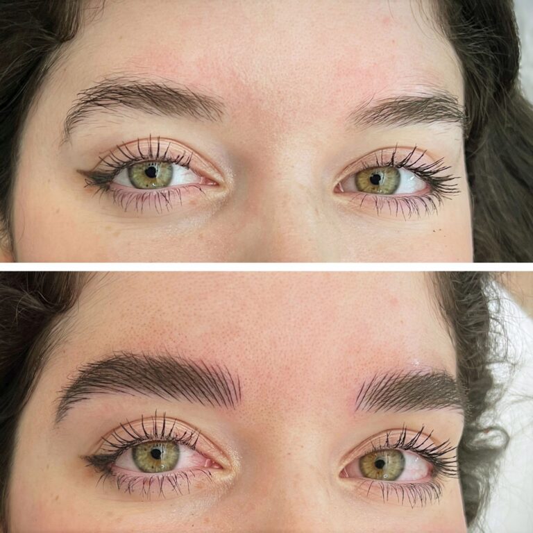 Two close-up images of a person's eyes and eyebrows; the top shows natural brows, the bottom shows fuller, well-groomed brows after a cosmetic treatment.