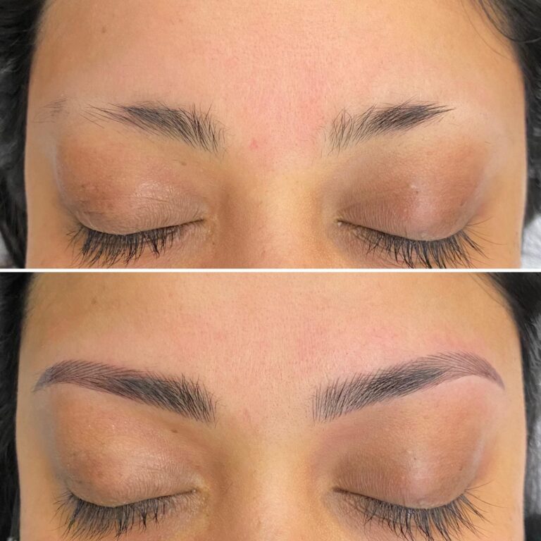 Close-up of a person's closed eyes showing sparse eyebrows in the top image and fuller, well-defined eyebrows in the bottom image after enhancement.