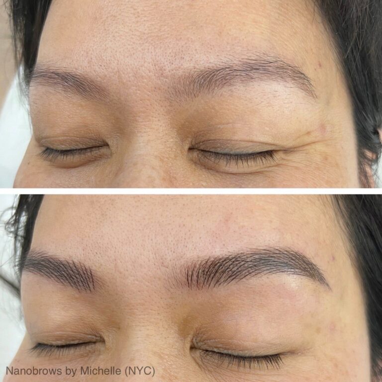Close-up of a person's closed eyes showing eyebrows before and after a nanobrows procedure; the after image shows fuller, more defined brows.