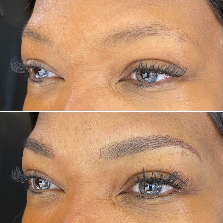 Close-up before and after comparison of a person's eyes, showing sparse natural eyebrows above and defined, fuller eyebrows below.