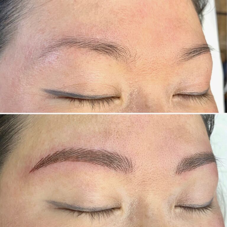 Close-up of closed eyes showing eyebrows before and after microblading; the top image shows sparse brows, while the bottom shows fuller, well-defined brows.