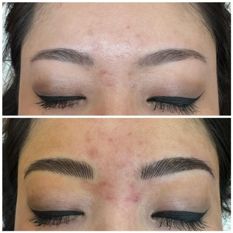 Close-up of a person's eyes with eyebrows before (sparse) and after (fuller, defined) eyebrow microblading treatment. Eyes are closed in both images.
