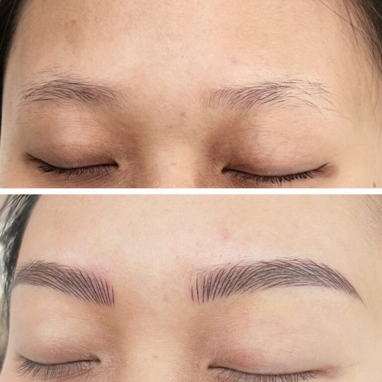 Before and after image showing sparse natural eyebrows above and fuller, defined eyebrows below, likely enhanced by microblading.