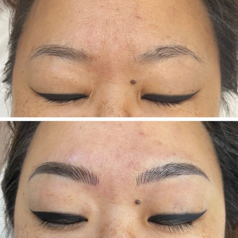 Close-up of a person’s closed eyes showing a before and after of eyebrow microblading; top image has sparse brows, bottom image has fuller, defined brows.