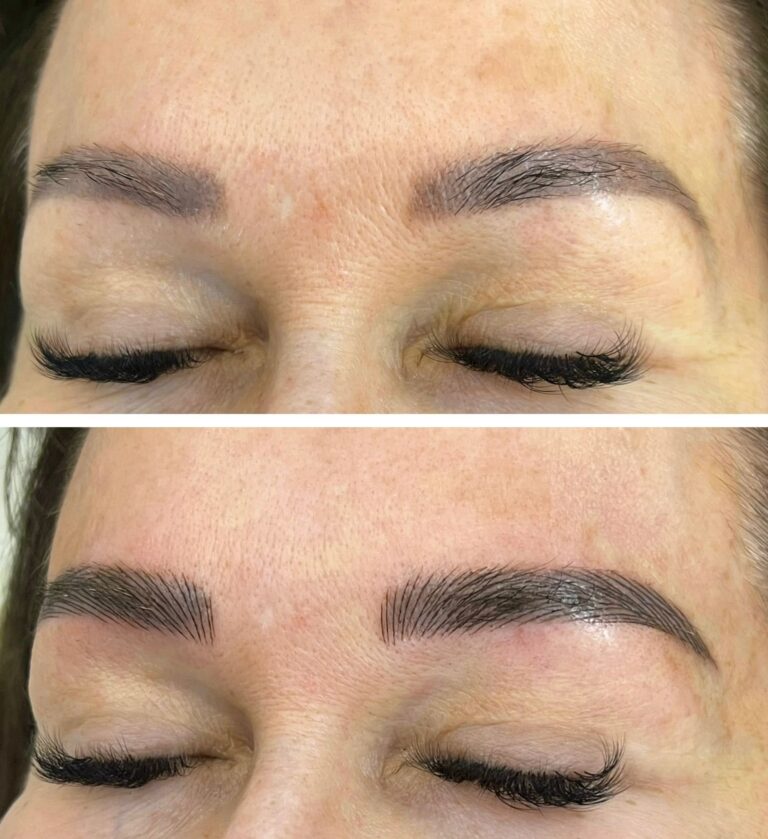 Top: Close-up of closed eyes with sparse, lightly shaped eyebrows. Bottom: Same eyes with fuller, well-defined, and darker eyebrows.