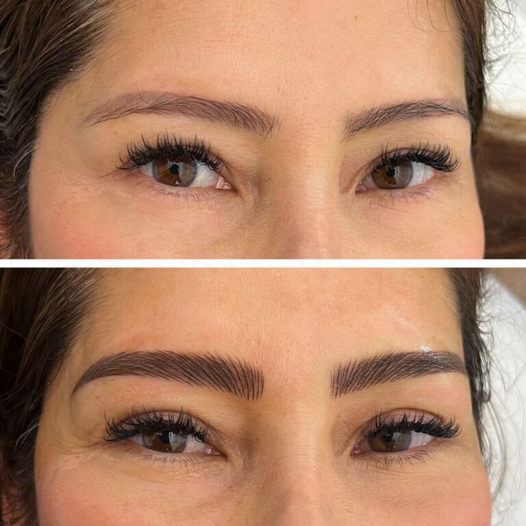 Close-up of a woman's eyes showing eyebrows before (top, thinner) and after (bottom, fuller and darker) a cosmetic eyebrow enhancement procedure.