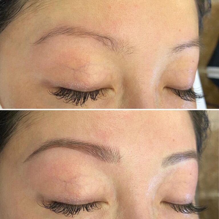 Close-up of a person's closed eyes, showing sparse eyebrows in the top image and fuller, well-defined eyebrows in the bottom image after enhancement.