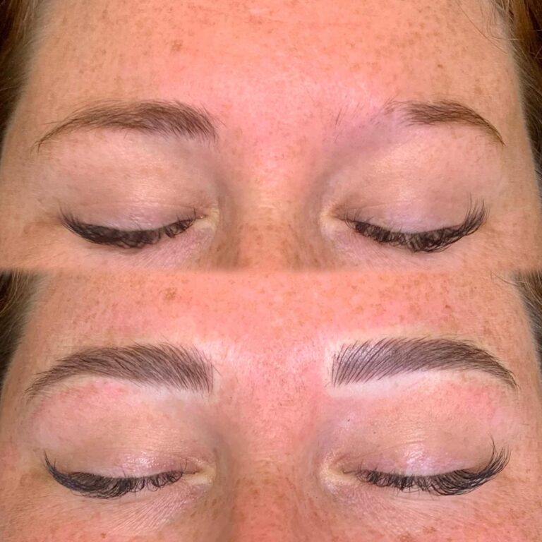 Close-up of a person's closed eyes; top image shows sparse eyebrows, bottom image shows fuller, well-defined eyebrows after enhancement.