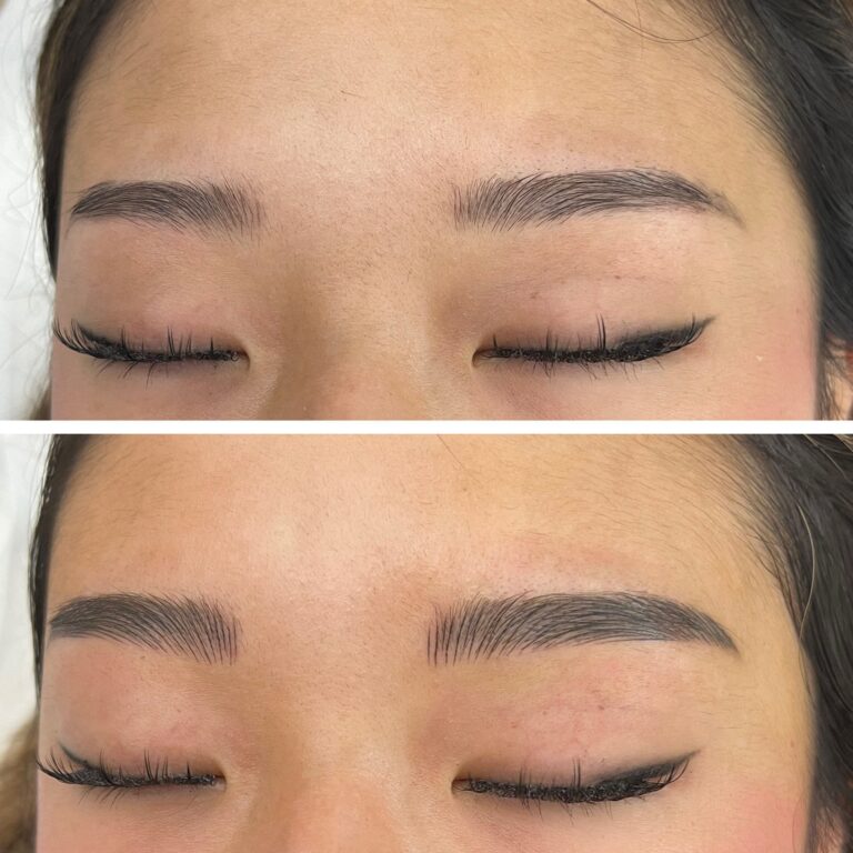 A before and after comparison of a person's eyebrows, showing thinner brows in the first image and fuller, darker brows in the second image after enhancement.