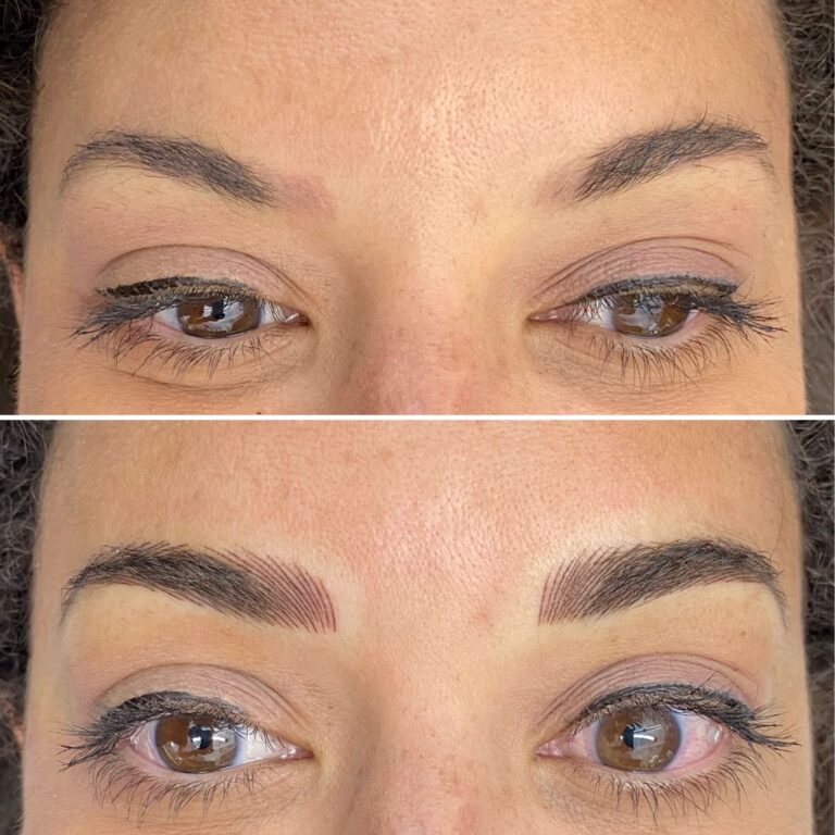 Close-up of a woman's eyes showing a before (top) and after (bottom) of eyebrow microblading, with fuller and more defined eyebrows in the after image.