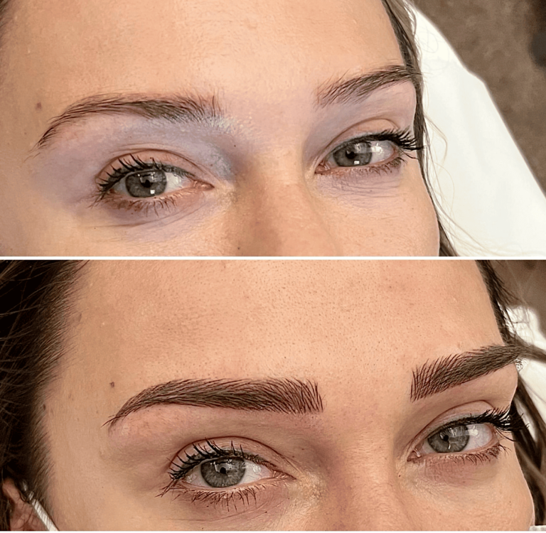 Close-up comparison showing a person's eyebrows before (top, natural and sparse) and after (bottom, fuller and more defined with makeup or microblading).