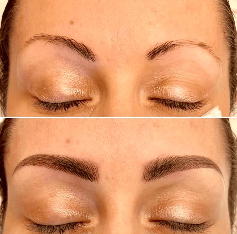 Close-up of a person's face showing eyebrows before and after microblading; the top image shows sparse brows, the bottom shows fuller, well-defined brows.
