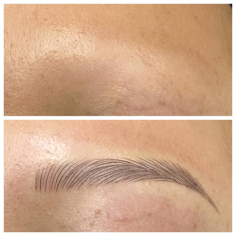 A before-and-after comparison showing an eyebrow area without makeup on top, and a defined, natural-looking eyebrow with microblading on the bottom.