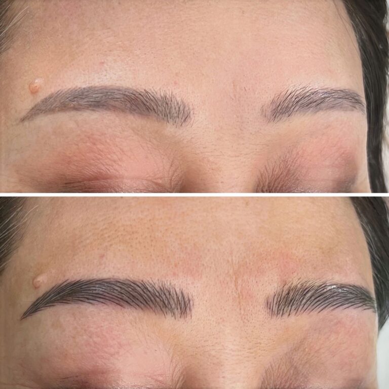 Close-up of closed eyes showing eyebrows before (top) and after (bottom) a cosmetic enhancement, with the after image displaying fuller and more defined brows.