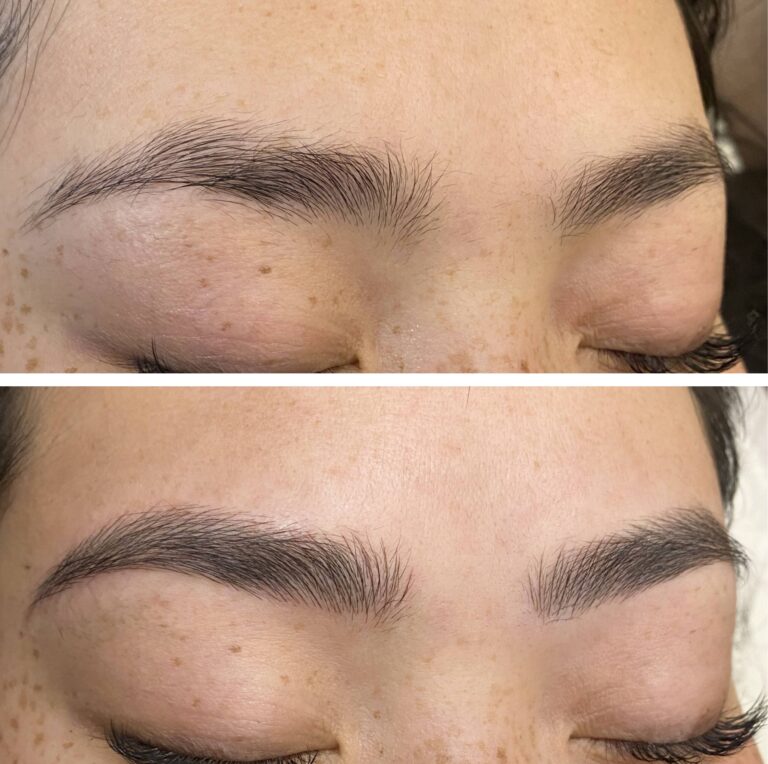 Close-up of closed eyes showing eyebrows before (top) and after (bottom) grooming, with the bottom image displaying fuller, more defined brows.