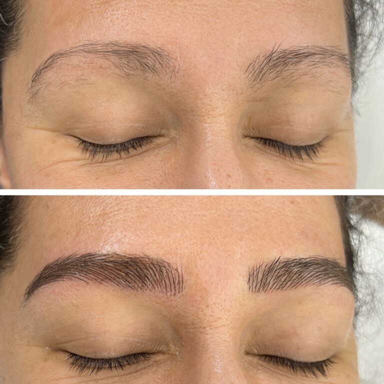 Close-up of a person's closed eyes showing sparse eyebrows in the top image and fuller, well-defined eyebrows in the bottom image after enhancement.
