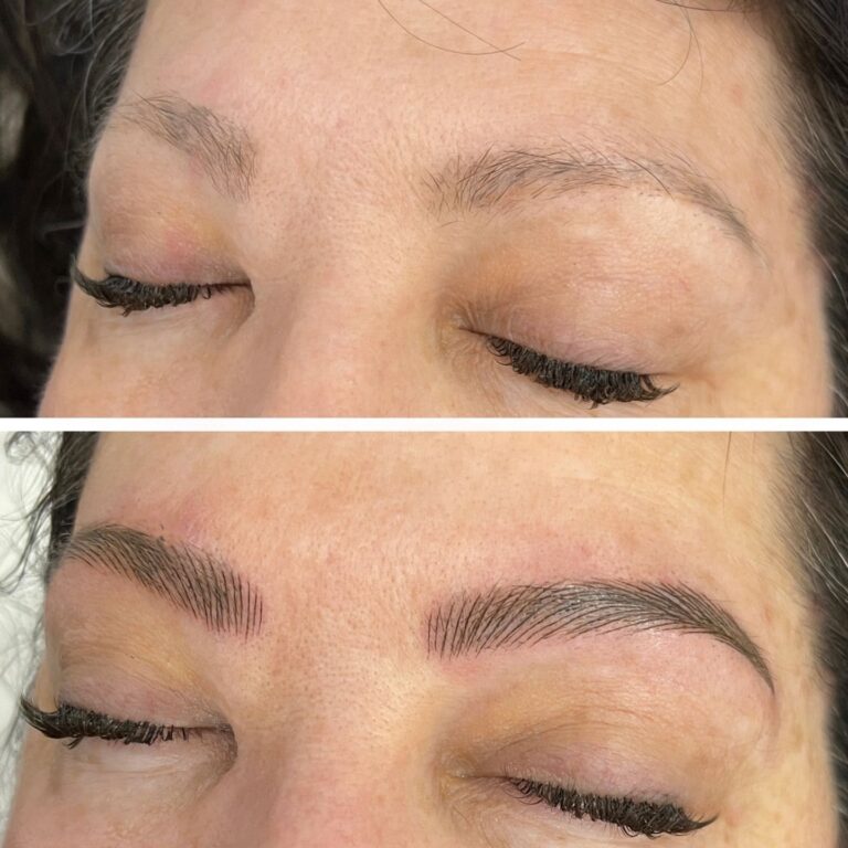 Before and after close-up of a person's closed eyes, showing sparse eyebrows above and fuller, defined eyebrows below after a cosmetic treatment.
