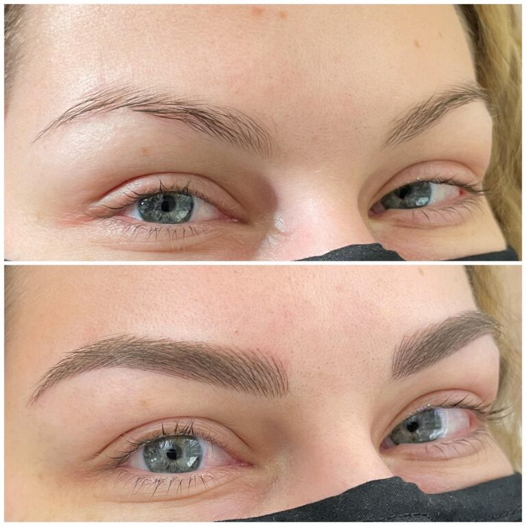 Close-up of a person's eyes showing a before and after comparison of eyebrow enhancement; top image shows natural brows, bottom image shows fuller, shaped brows.