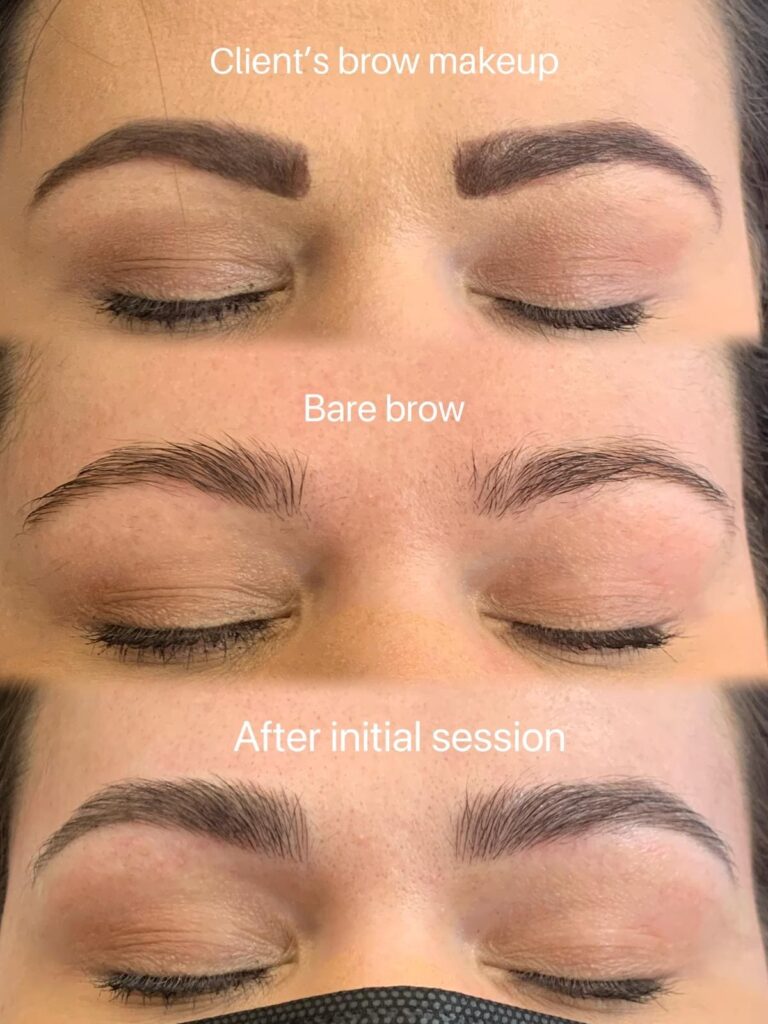 Three close-up photos of closed eyes showing eyebrows with makeup, natural without makeup, and after an initial beautification session.