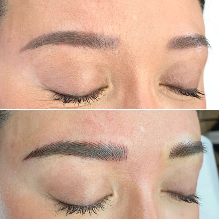 Close-up of a person's closed eyes showing eyebrows before (top) and after (bottom) a microblading procedure, with fuller and more defined eyebrows in the bottom image.