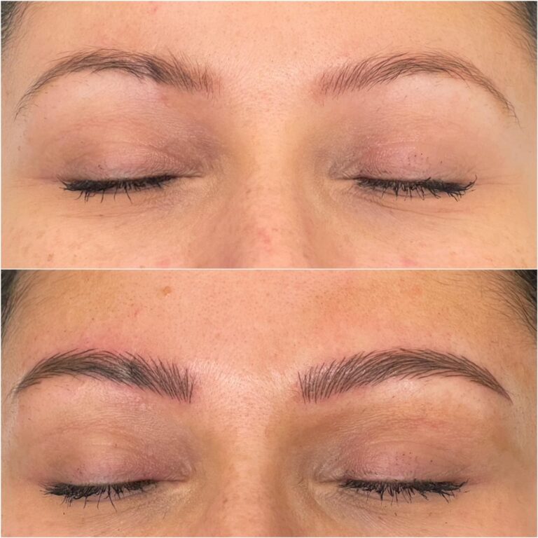 Before-and-after close-up of closed eyes showing sparse eyebrows in the top image and fuller, more defined eyebrows in the bottom image.