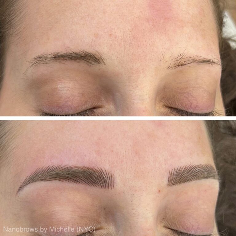 Close-up of a person's closed eyes showing sparse natural eyebrows in the top image and fuller, defined eyebrows after nanobrow treatment in the bottom image.