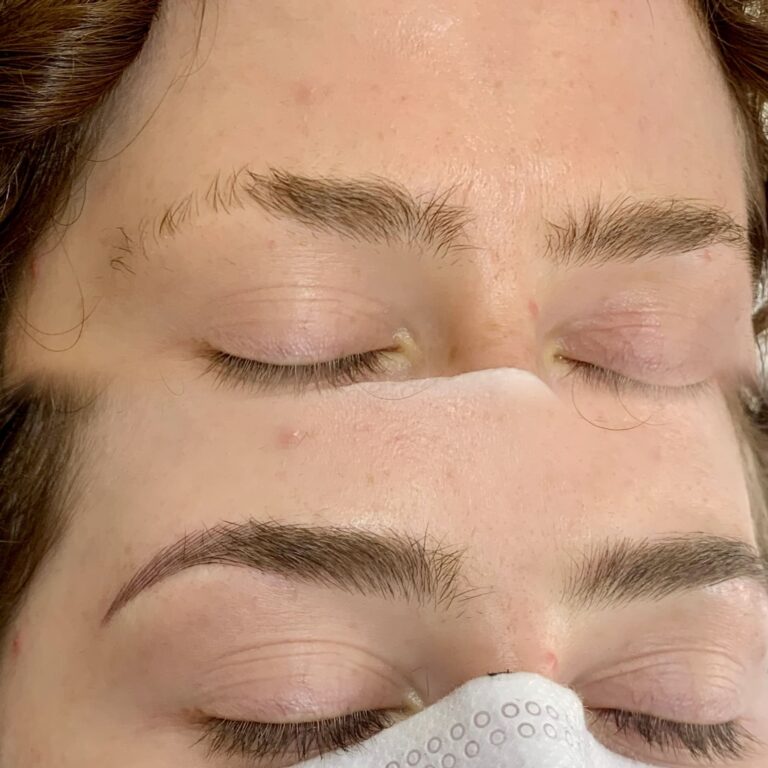 Close-up of a person's eyebrows before and after grooming; the top shows natural brows, the bottom shows shaped and defined brows with a face mask partially visible.