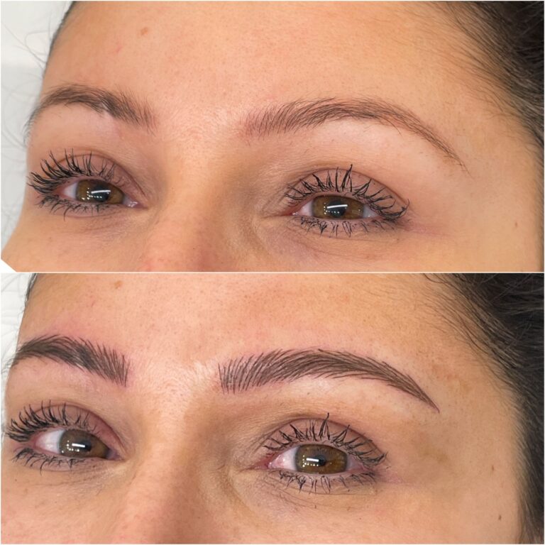 Before and after close-up of a woman's eyes showing natural eyebrows in the top image and fuller, defined eyebrows in the bottom image after cosmetic enhancement.