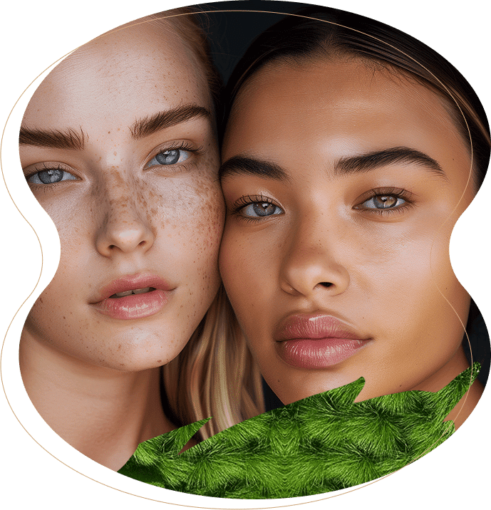 Two women with clear skin, one with freckles, pose closely together behind a green leafy plant, their microblading and nanobrows enhancing their natural beauty as they look directly at the camera.