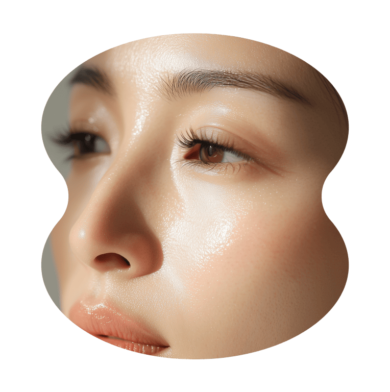 Close-up of a woman's face with smooth, glowing skin and natural makeup, highlighting her eyes enhanced by a Lash Lift, along with her nose and part of her lips in soft lighting.