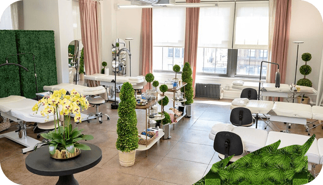 A bright, modern spa room at Evertrue Salon features several treatment beds, lush plants, large windows with pink curtains, and neatly arranged beauty equipment.