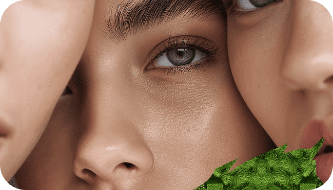 Close-up of three faces with smooth skin, focused on one eye looking at the camera; a green textured object appears in the lower right corner, reflecting the radiant results you can expect about Evertrue Salon.